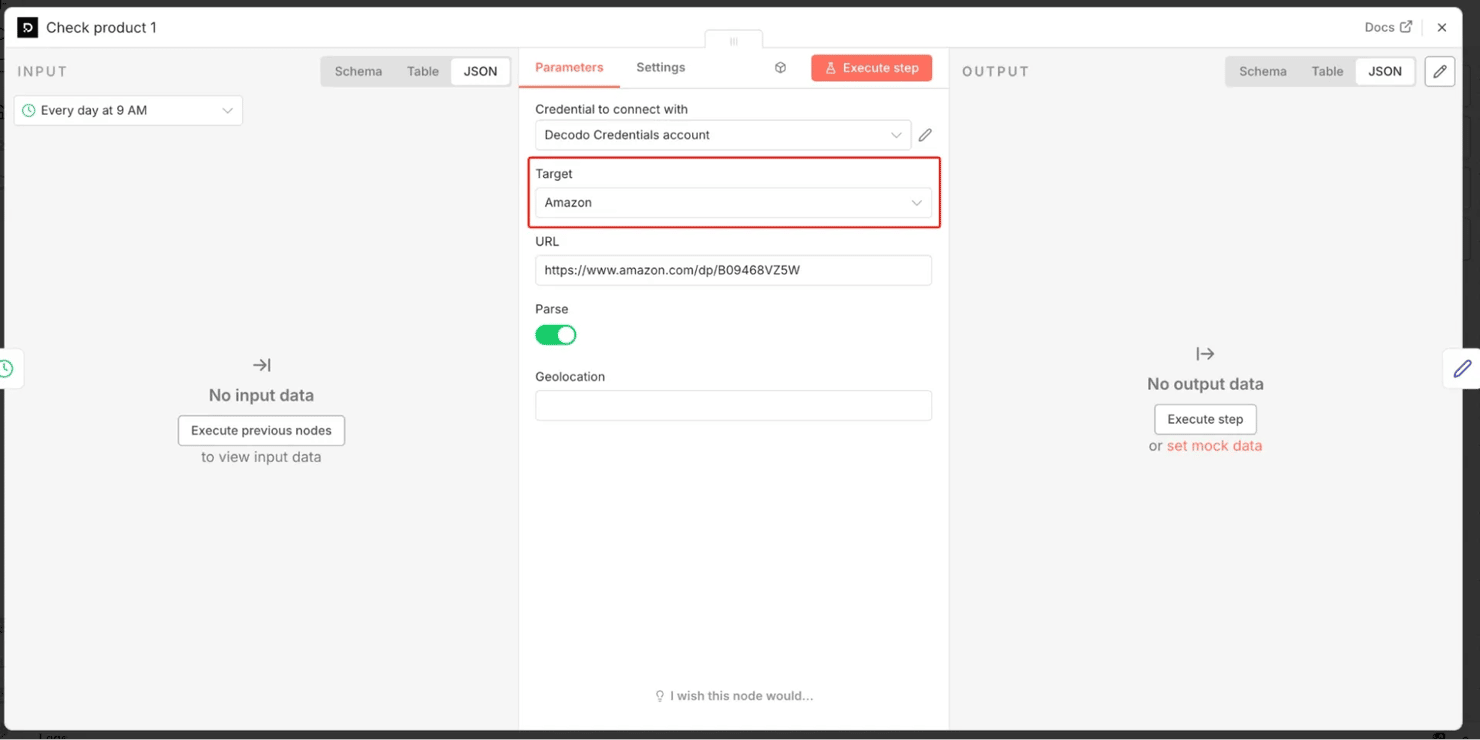 The Decodo node on the Amazon target – paste a URL, turn Parse on, and get structured JSON with a ready-made “stock” field.