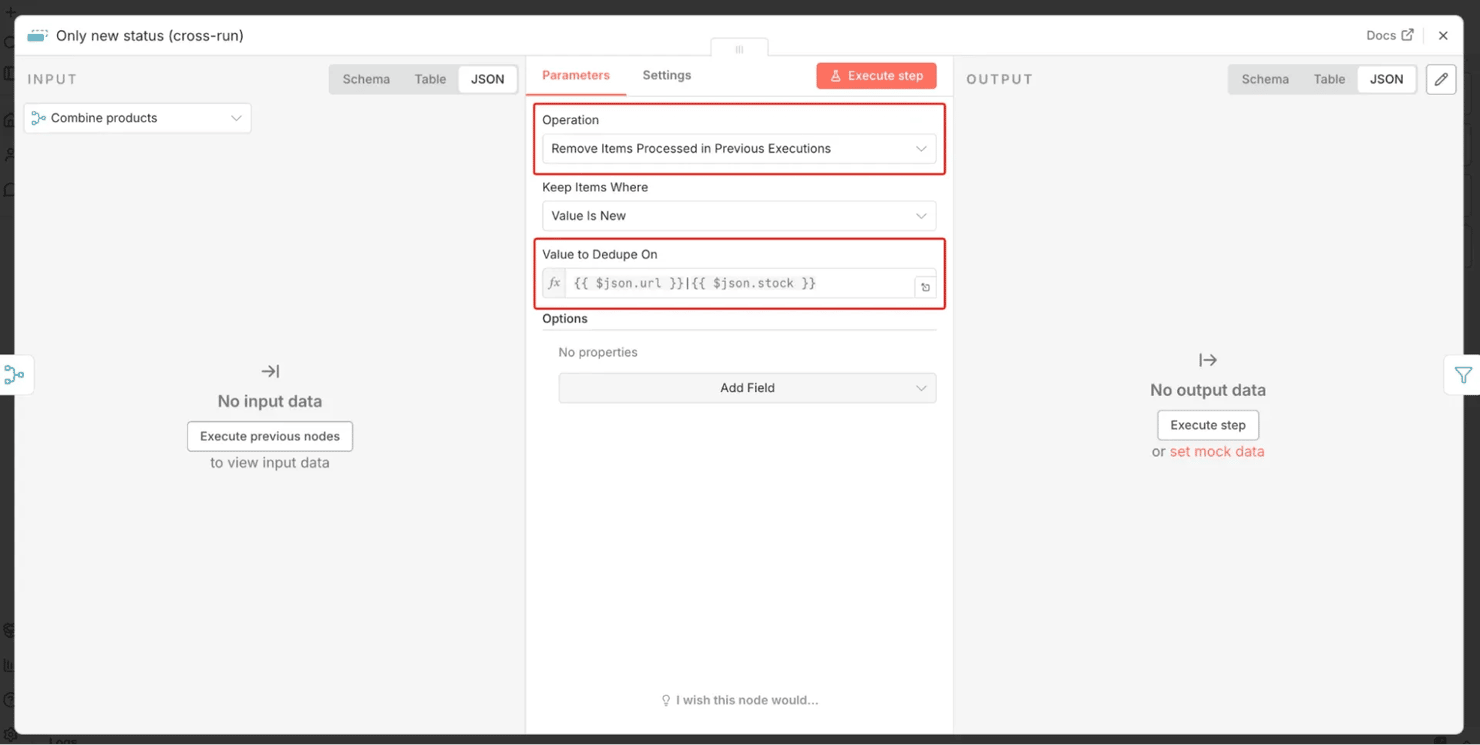 The change-detection trick: keying on url|stock means an alert fires only when a product's status actually changes.