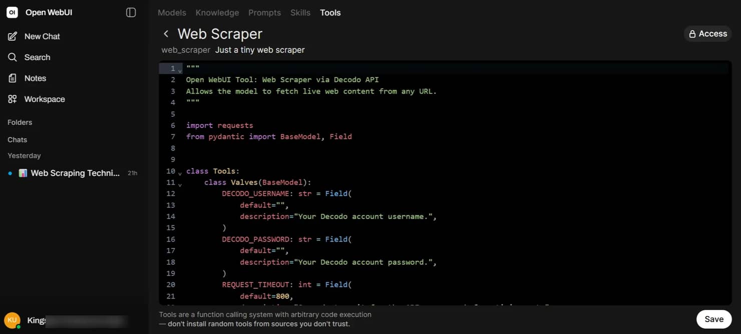 Open WebUI Tool: Web Scraper via Decodo API