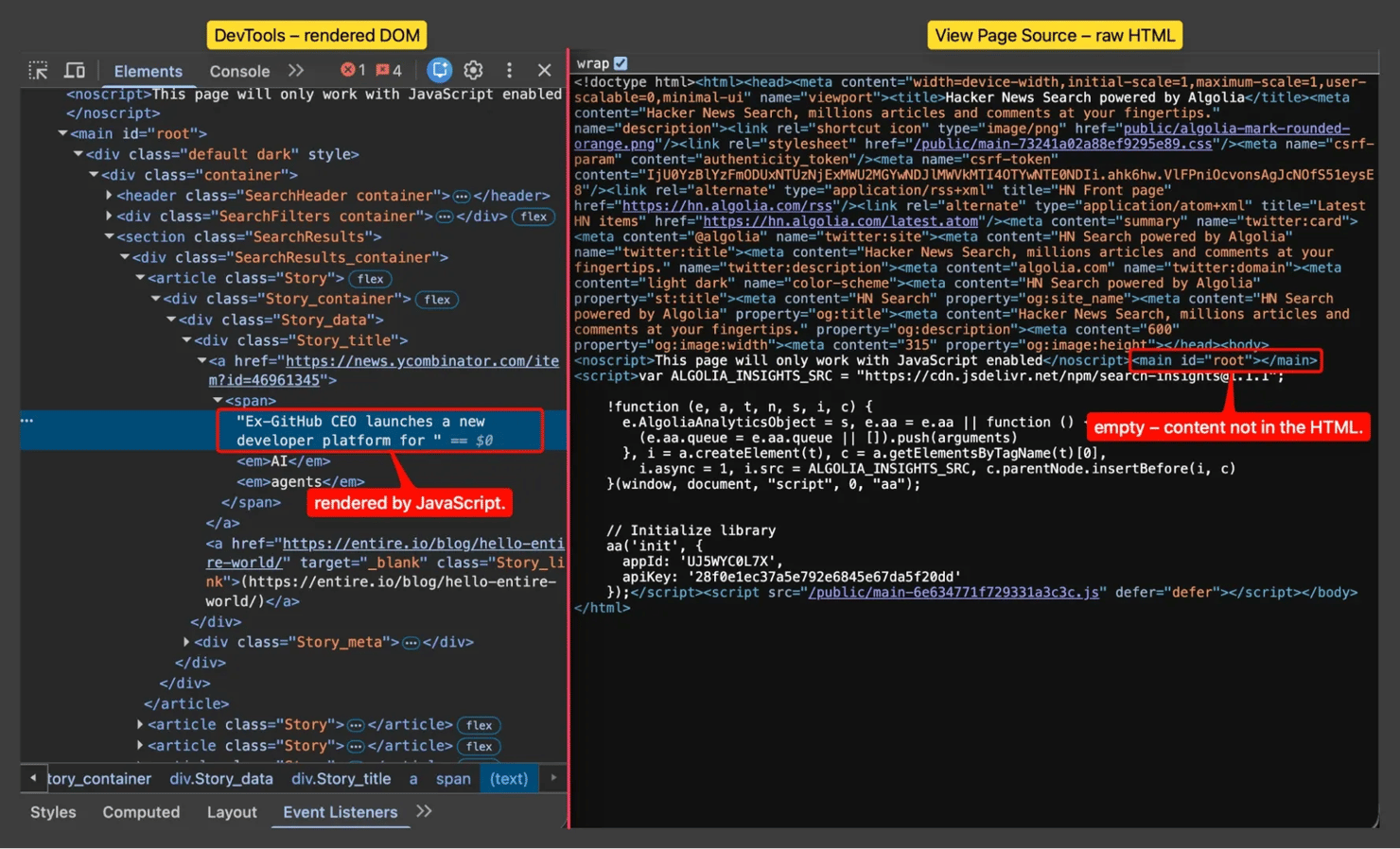 Rendered DOM vs raw HTML
