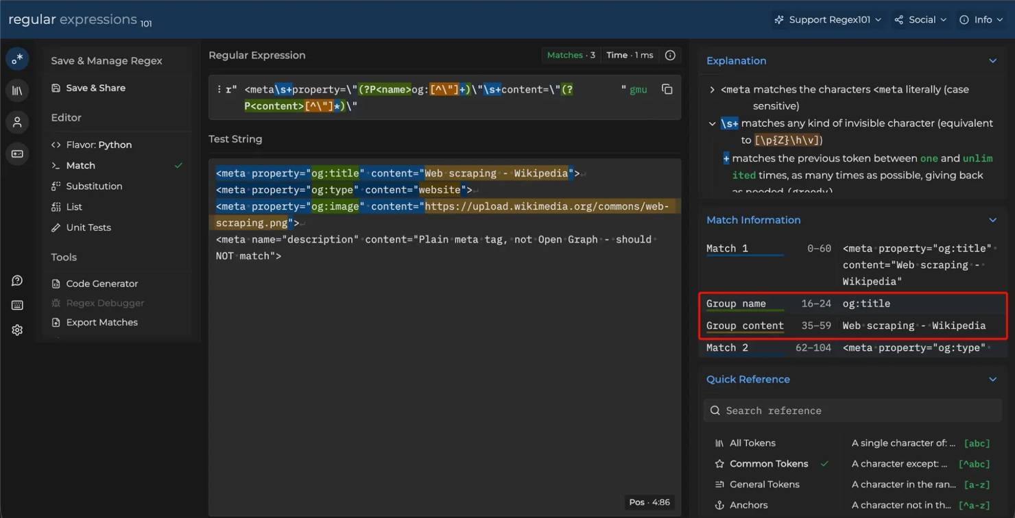 Testing the pattern on regex101