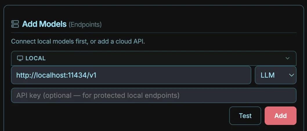 The Add Models configuration window showing an input field to connect a local endpoint URL.