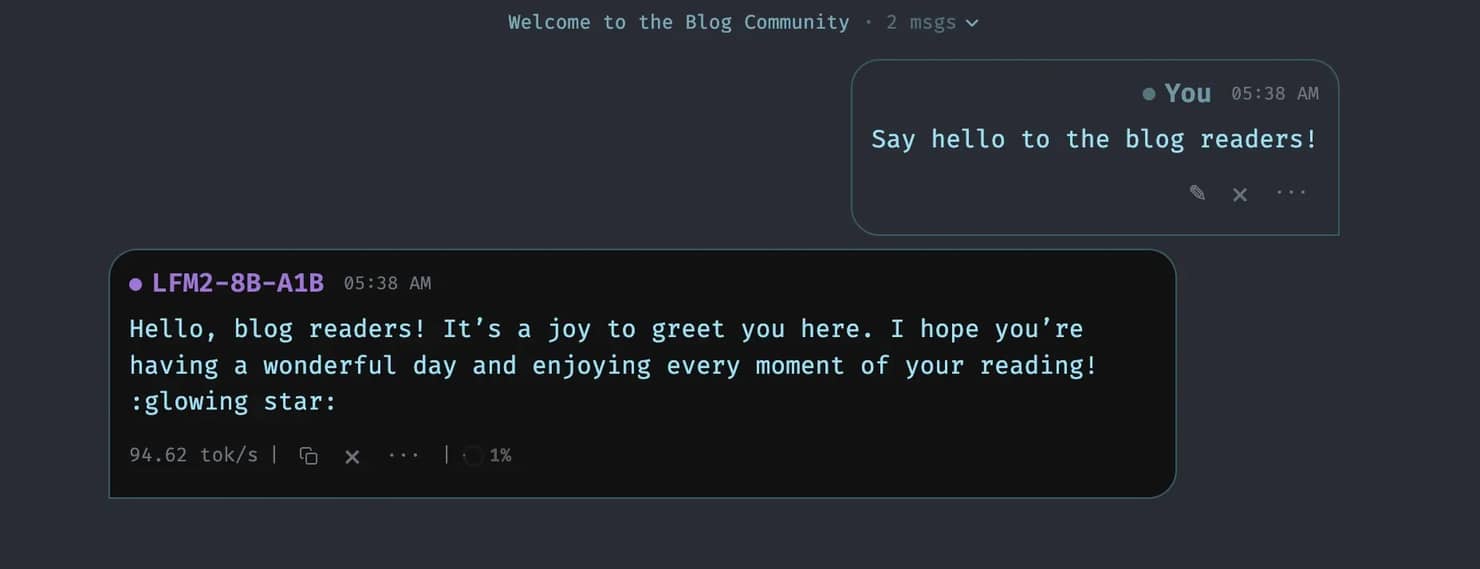 A chat window displaying a user greeting prompt and the AI model's friendly response.