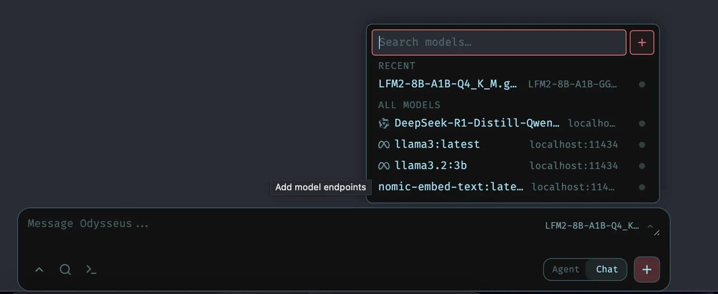 A dropdown menu in the chat interface allowing users to search and add local AI models.