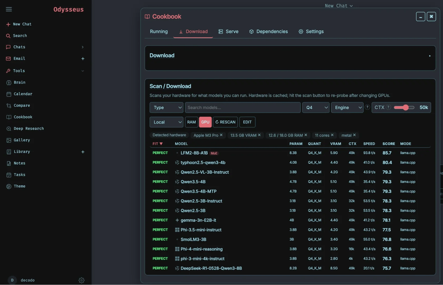 The Odysseus Cookbook interface displaying a hardware scan and a list of recommended AI models with their fit scores.