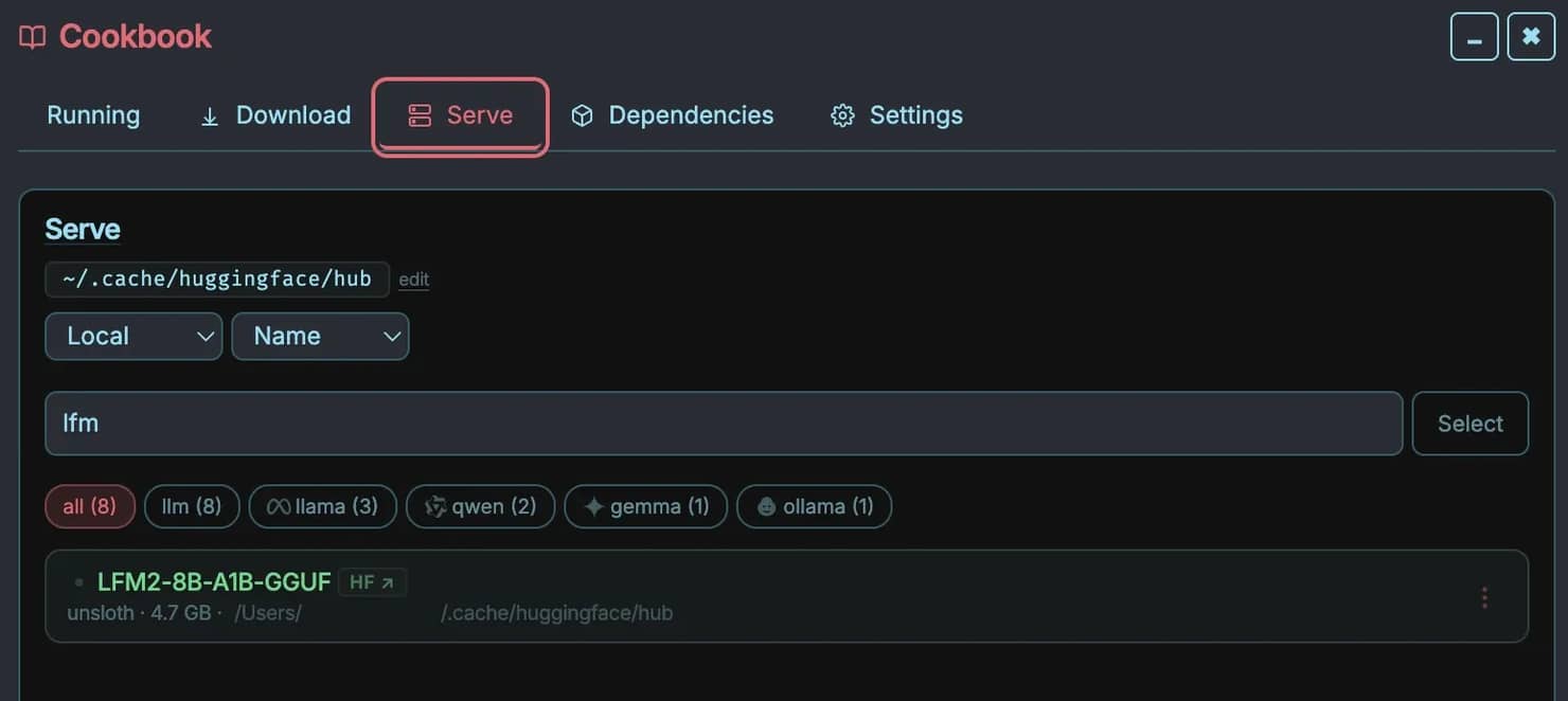 The Serve tab in the Cookbook showing a local model selected and ready to run.