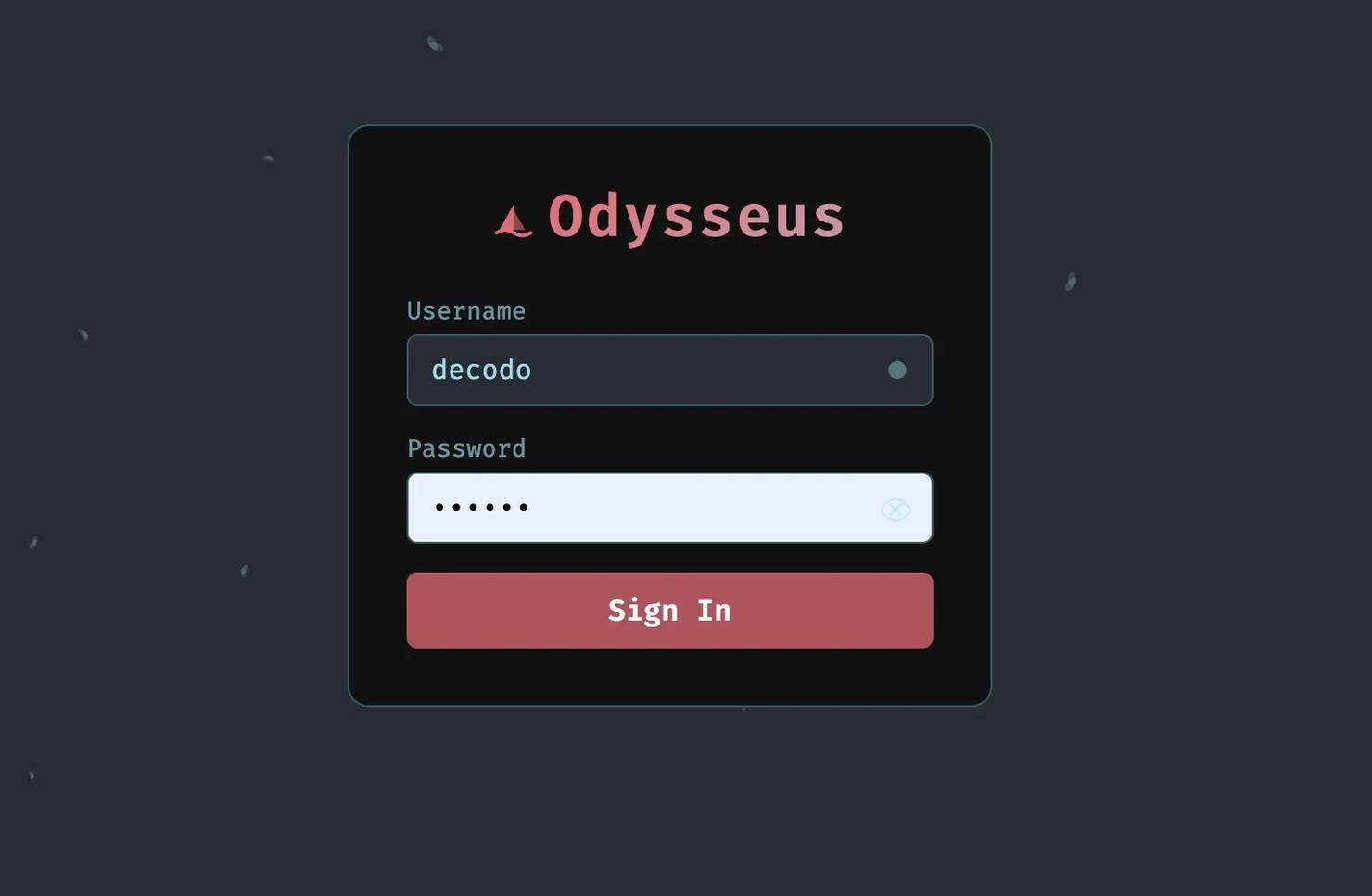 The Odysseus login screen showing the username "decodo" and a filled password field.
