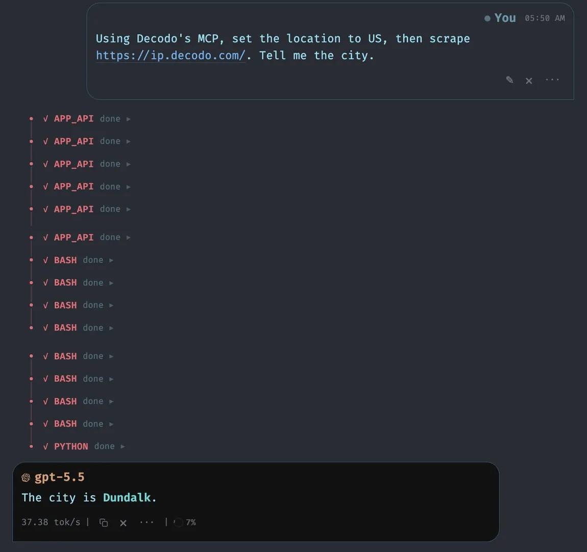 The Agent chat window is displaying background execution logs and the final geographic location output.