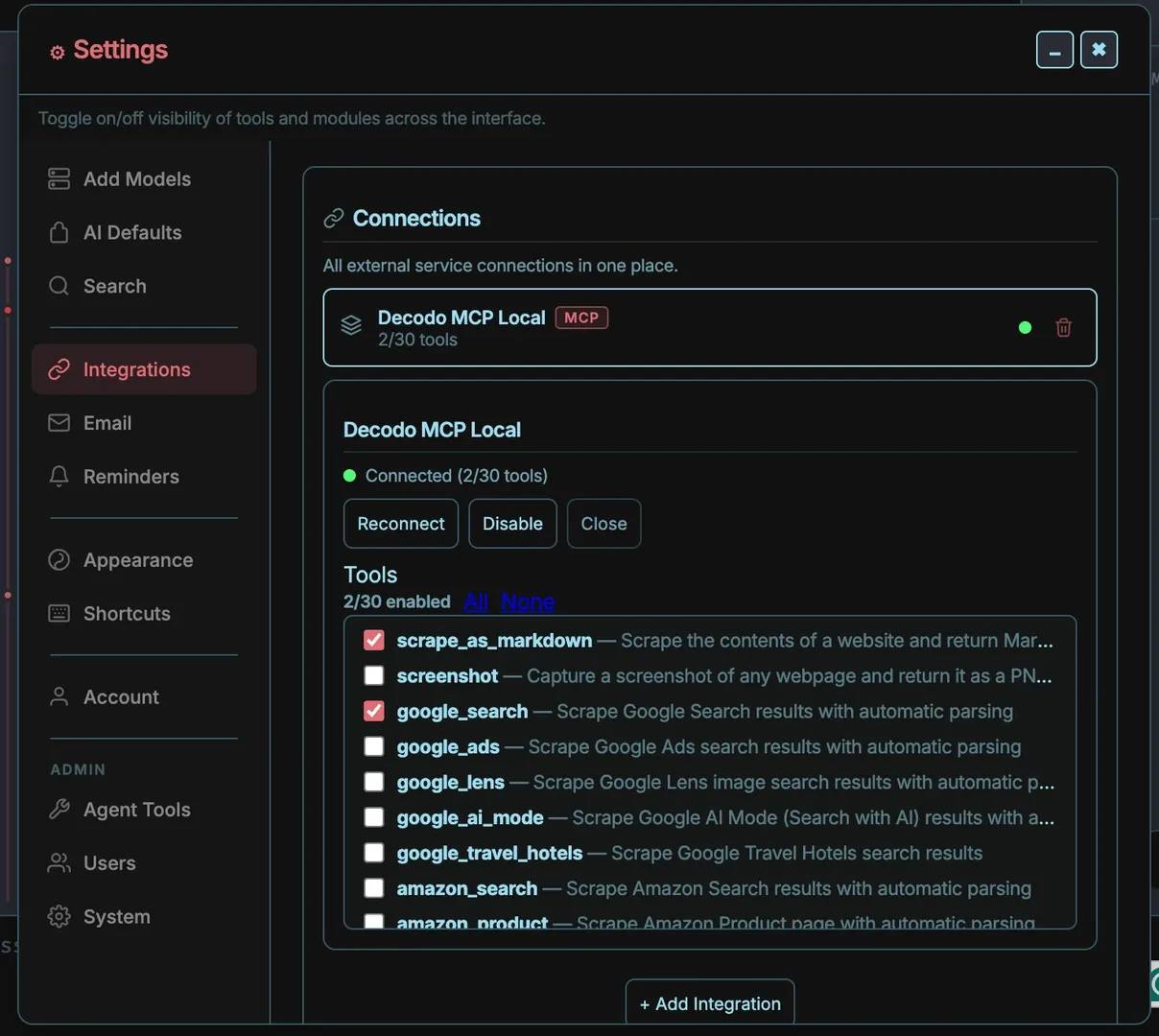 The Integrations settings page showing the Decodo MCP Local connection and its list of enabled tools.