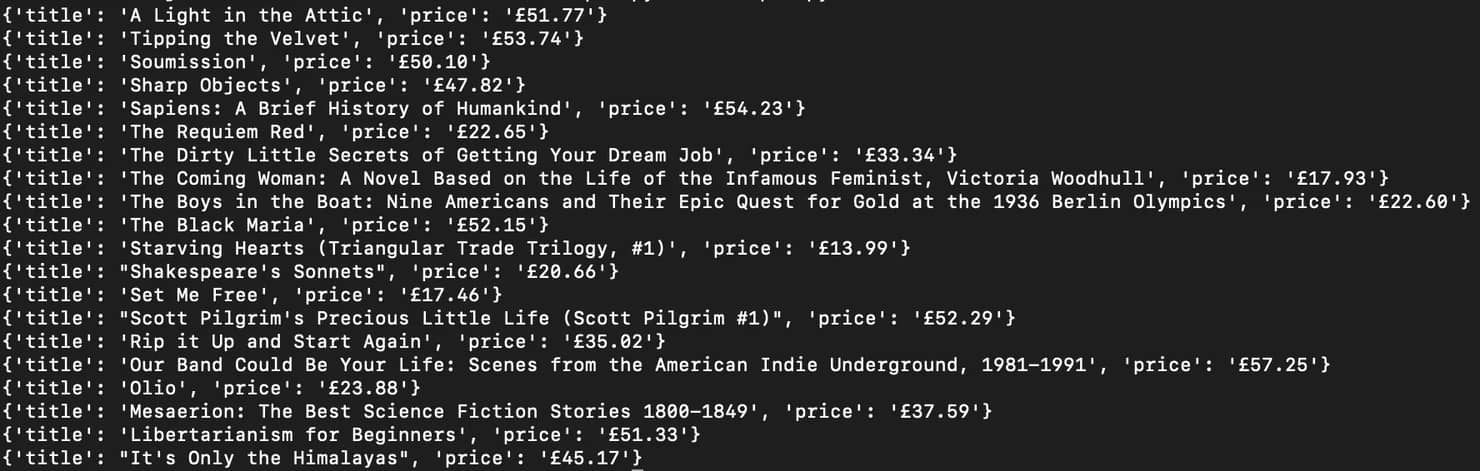 Terminal view with a list of book titles and prices