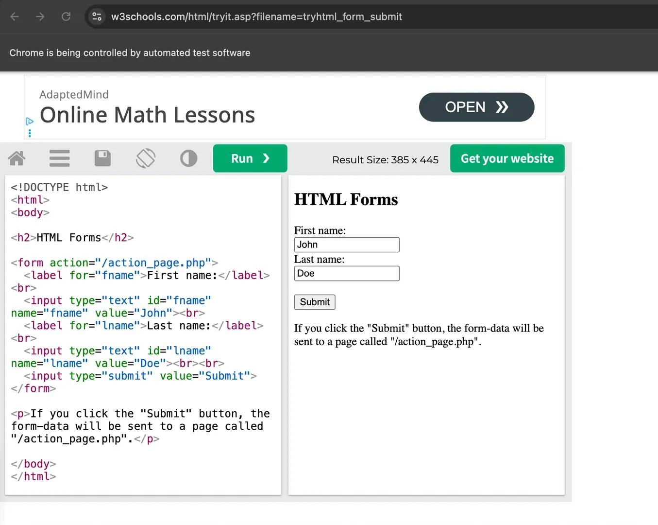 W3Schools iframe form demo