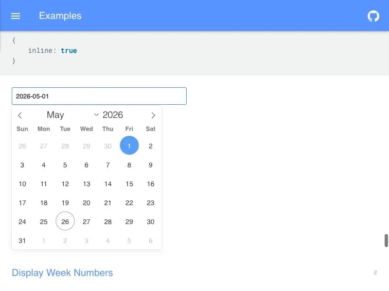 Flatpickr demo page with a calendar and the first valid day cell from the current month