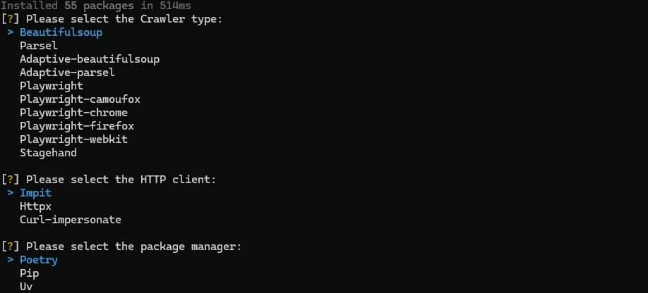 Selecting an HTTP client and package manager: Beautiful Soup, Impit, and Poetry.