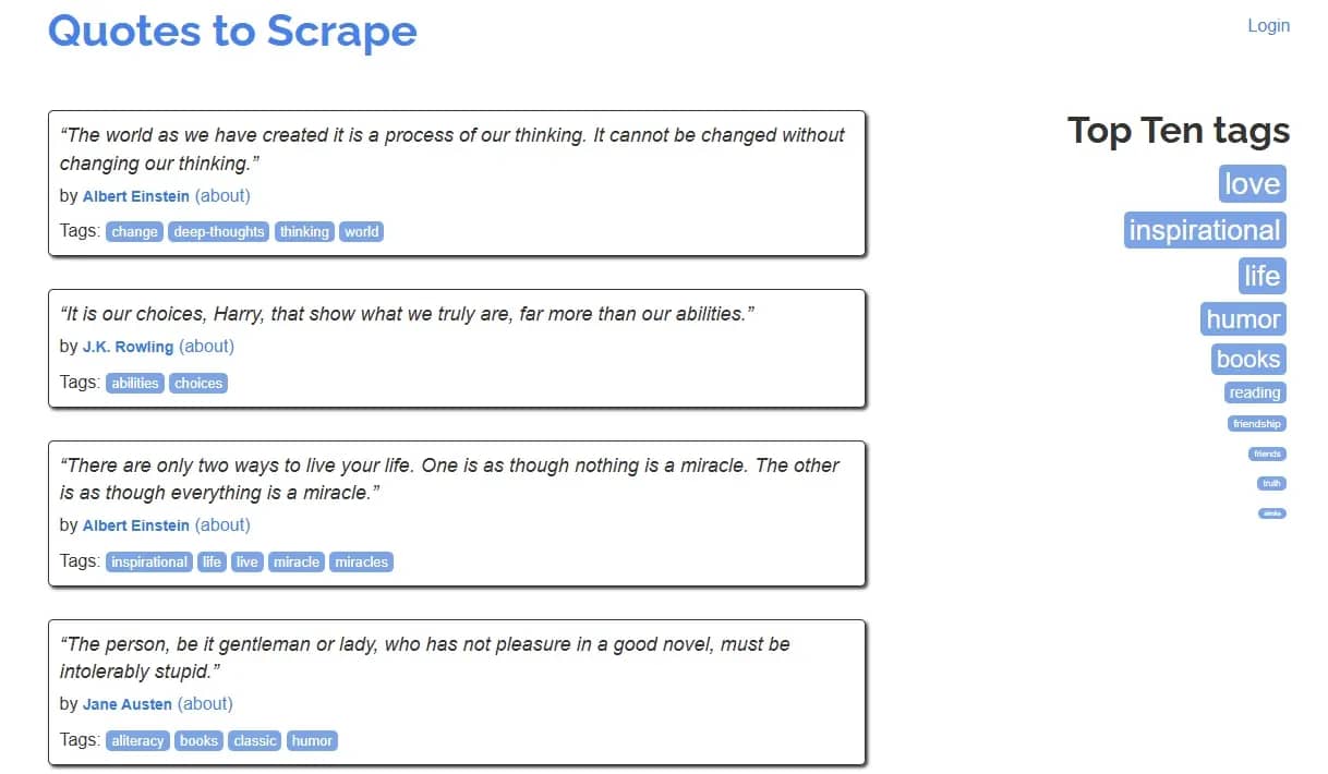 Target page with data immediately present in the listing pages. Each page has a "next" button that links to the next page.