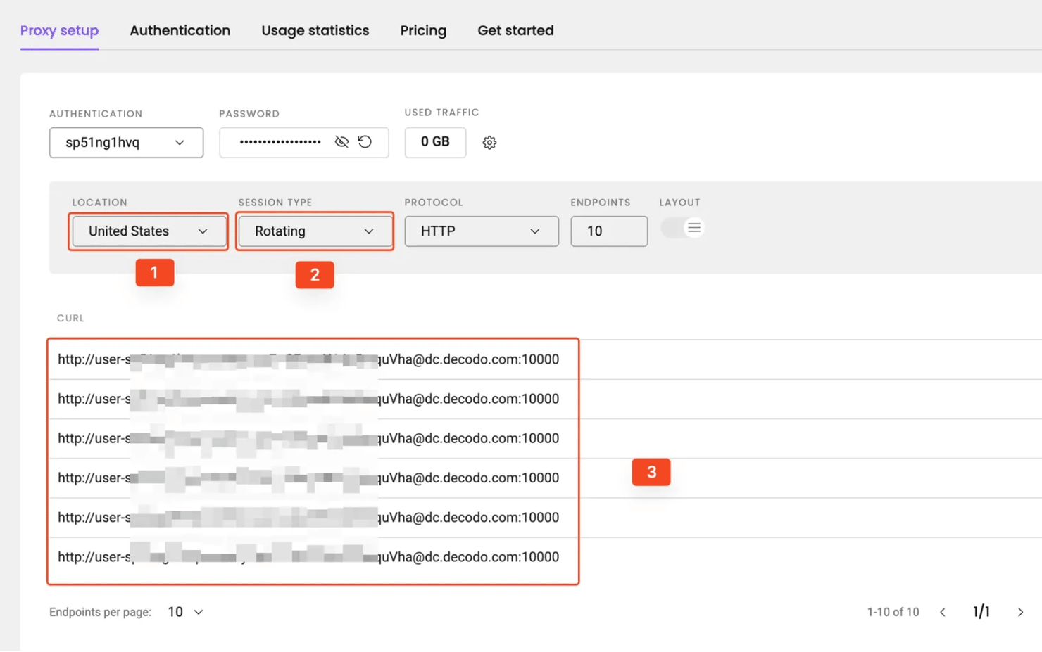 Decodo dashboard with Proxy setup tab opened