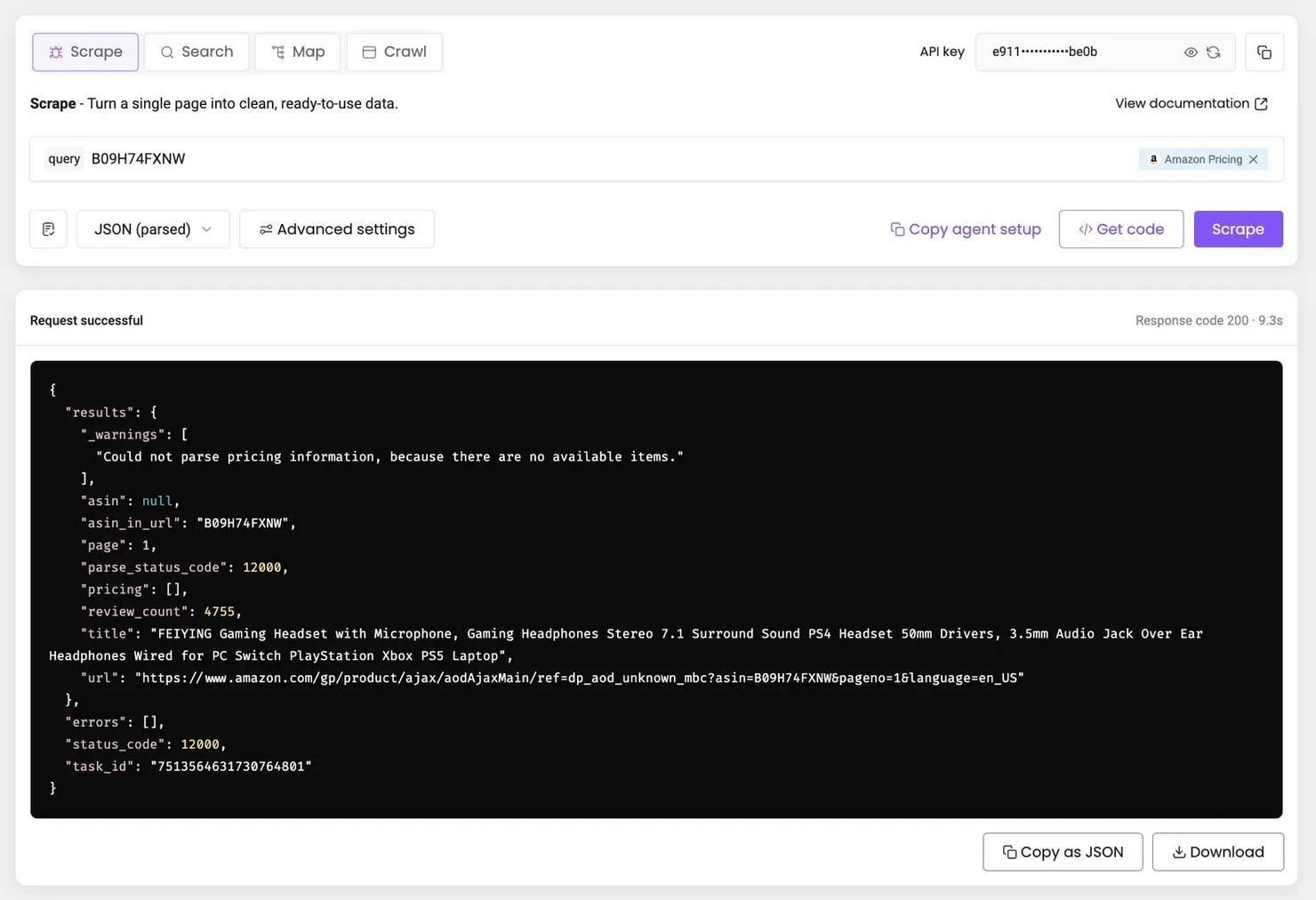 Amazon Pricing Scraper interface querying B09715G57M, showing @"root": {} response and Send Request button