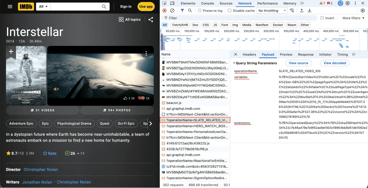 IMDB reviews subpage with DevTolls opened