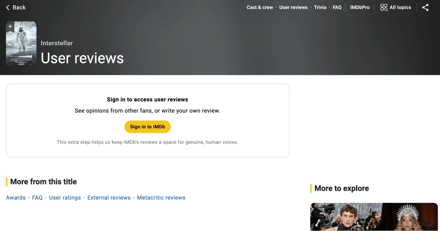 IMDB User review page asking to sign in