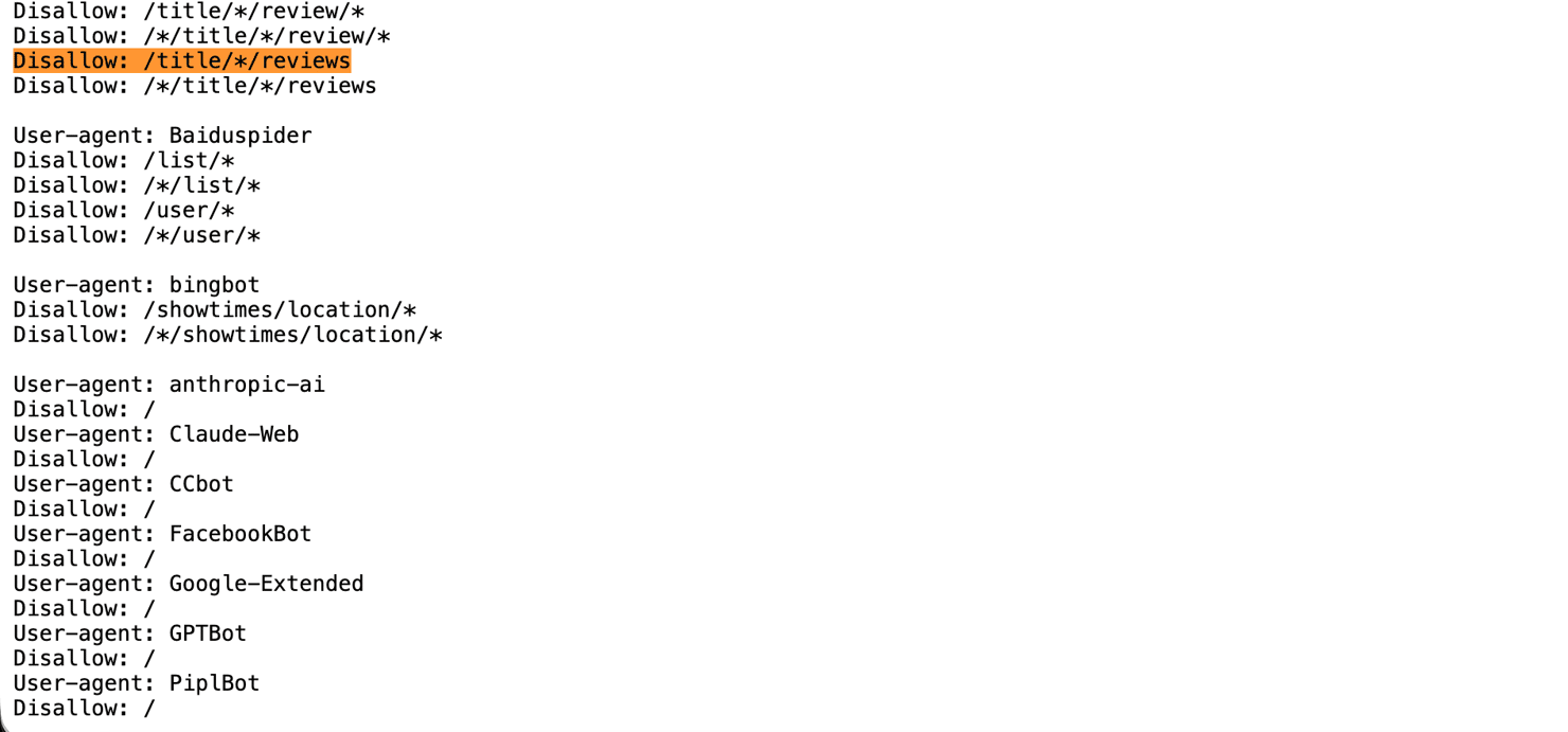 IMDb's robots.txt list of disallowed paths