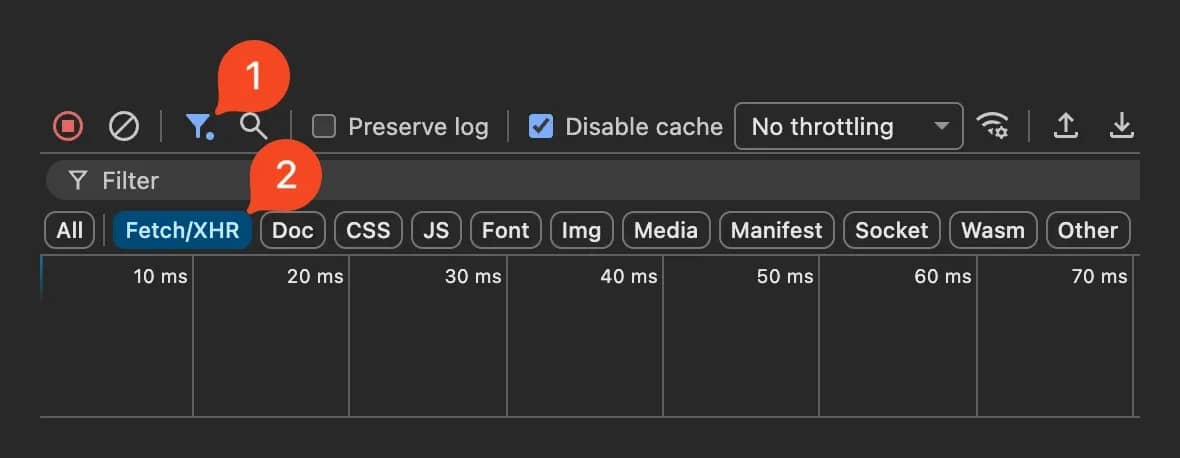 Selecting Fetch/XHR to hide requests for images, fonts, CSS, and other page assets. 