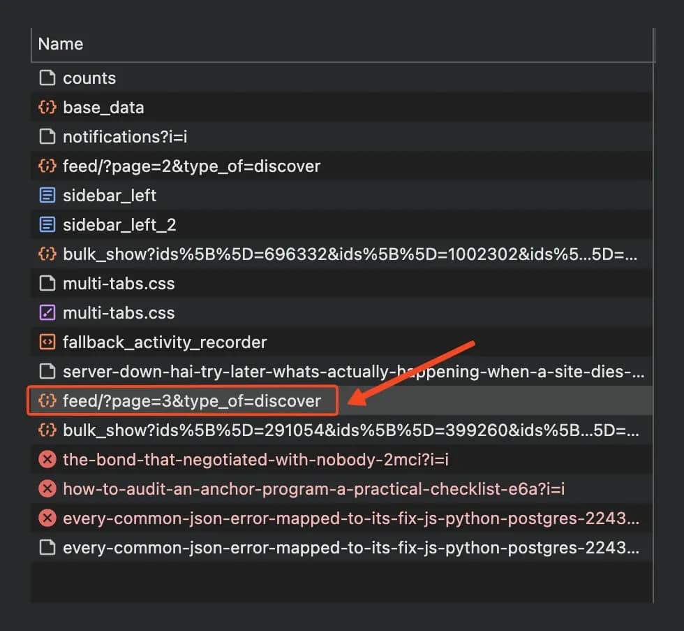 "feed/?page=3&type_of=discover" is seen among the new requests