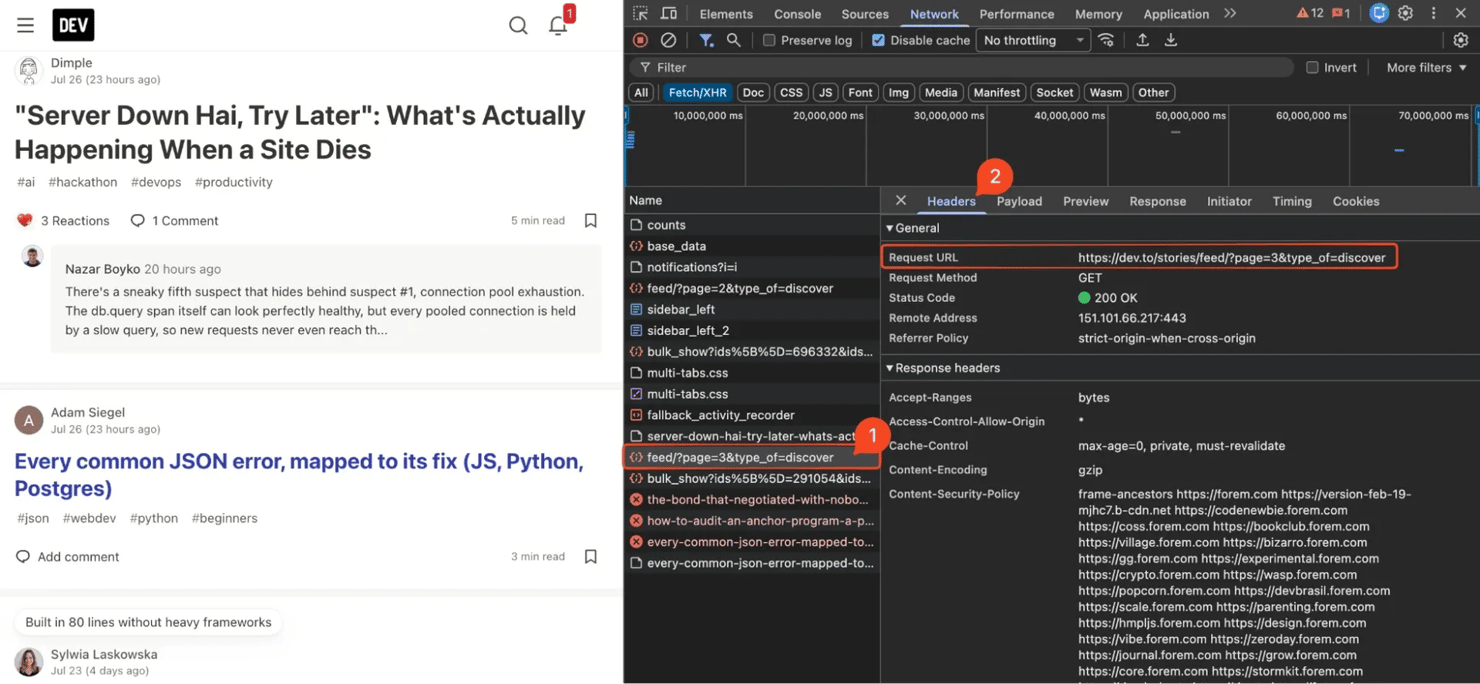 Opening the Headers panel and finding the full endpoint under General