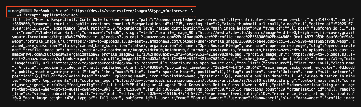 Running the command to confirm that the request works outside the browser