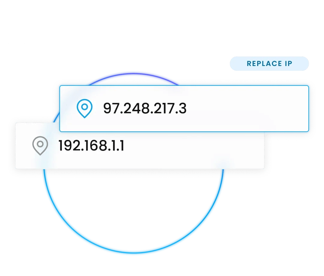 Two IP addresses displayed in overlapping rectangles, with one slightly covering the other to symbolize replacement.