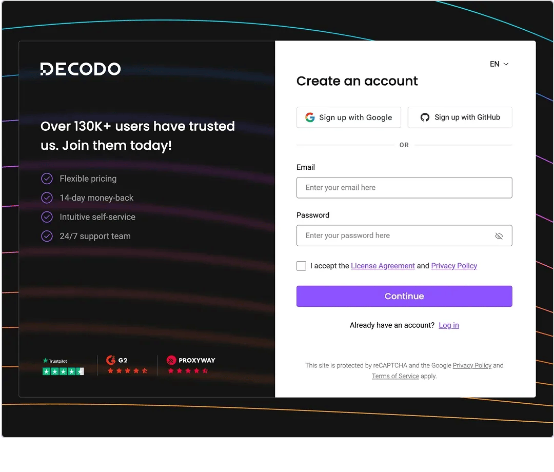 Decodo dashboard sign up window