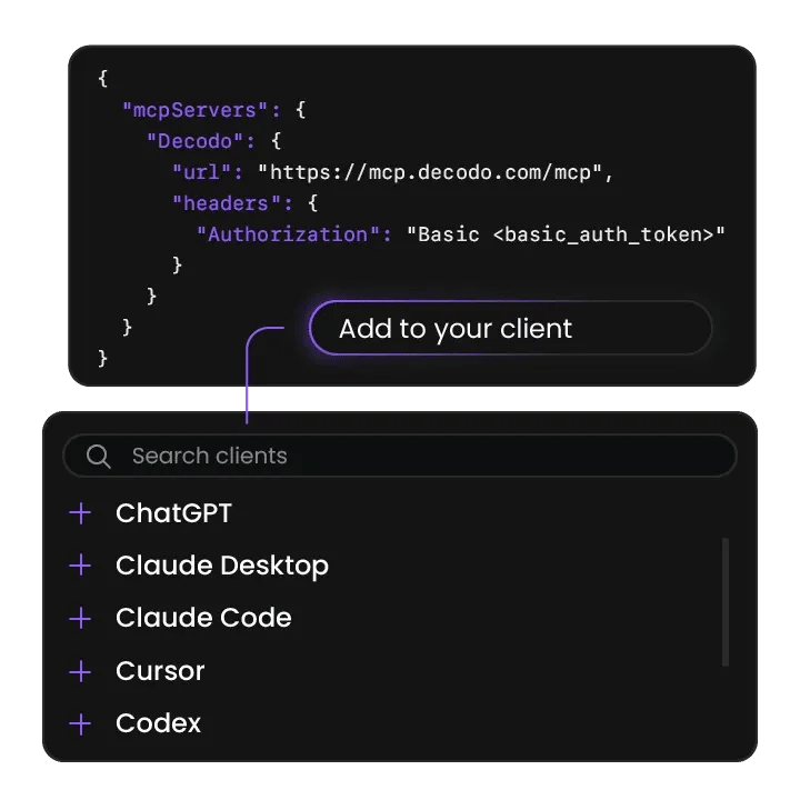 A terminal window above a search bar labeled “search clients,” with a connecting line leading from the search bar to a pill-shaped element labeled “add to your client.”