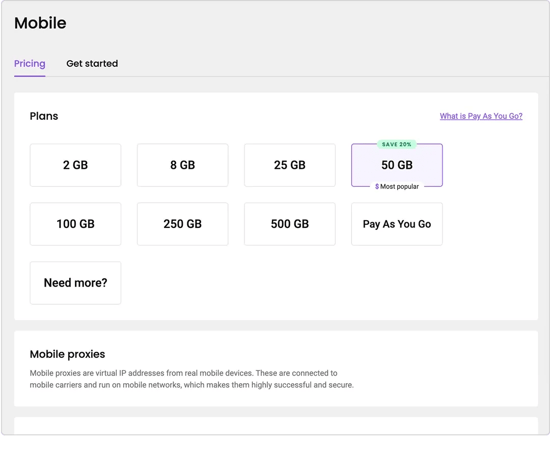 Decodo dashboard window showing a mobile proxy plan selection