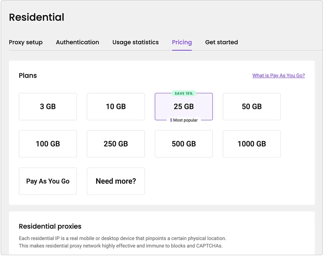 Decodo dashboard window showing a Residential proxy plan selection