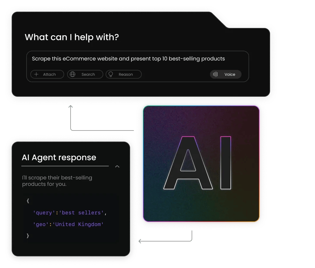An AI interface showing a user query, an agent response, and a colorful AI logo.