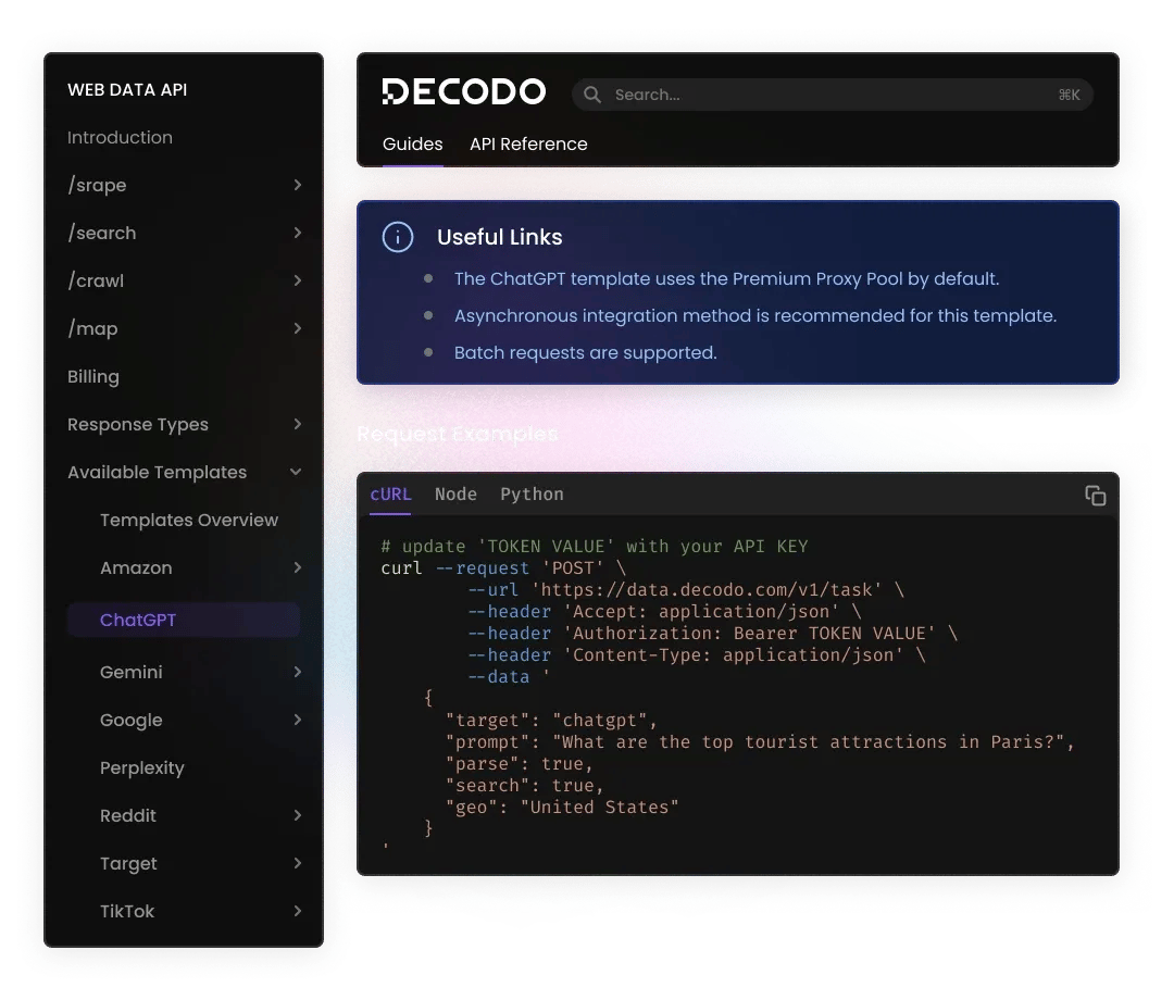DECODO API documentation screen displaying creation.jobs endpoint details and Python request examples.