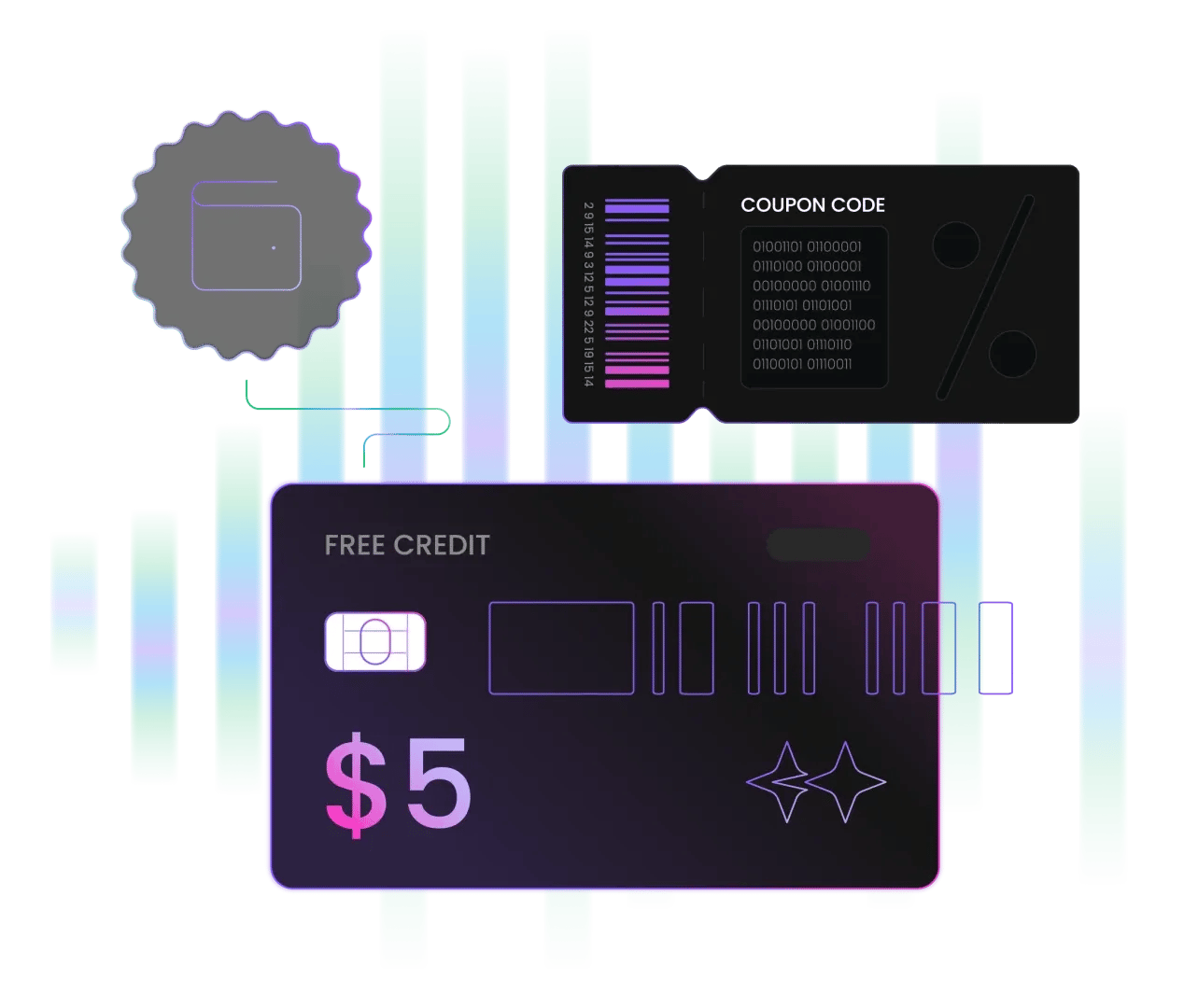 Credit card offering "$5 FREE CREDIT" alongside a couponizer card and wallet icon.