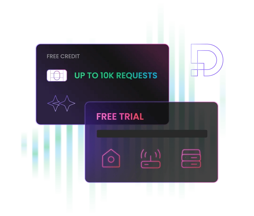 Neon-themed cards displaying 'FREE CREDIT UP TO 10K REQUESTS' and 'FREE TRIAL' services.