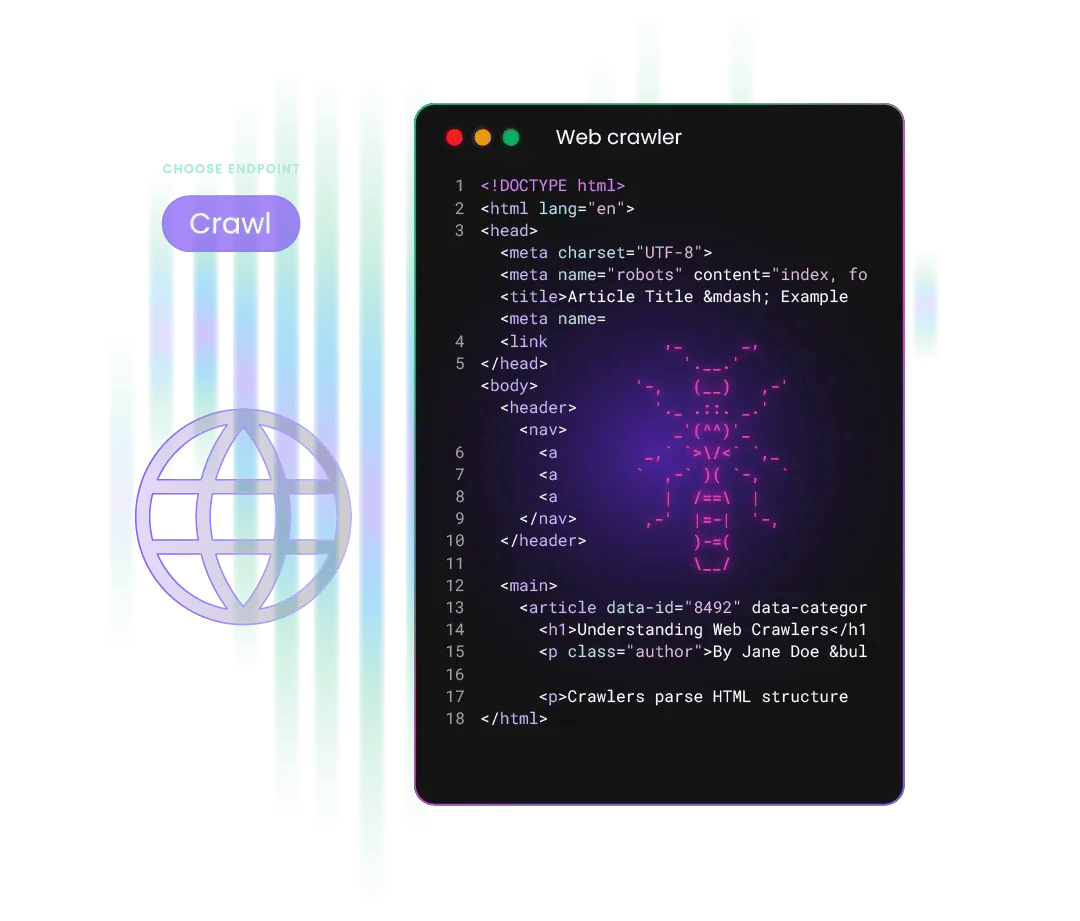 A digital illustration showing a web crawler processing code and accessing the internet.