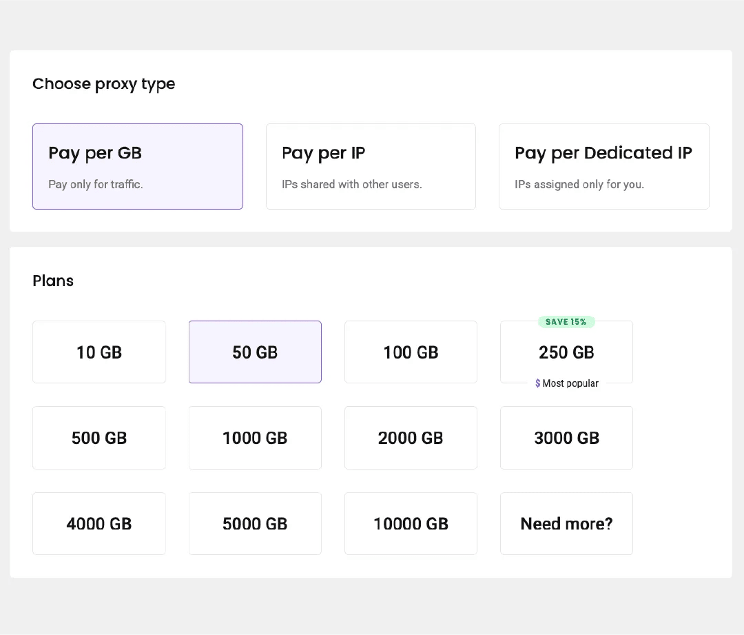 Decodo dashboard with proxy selection