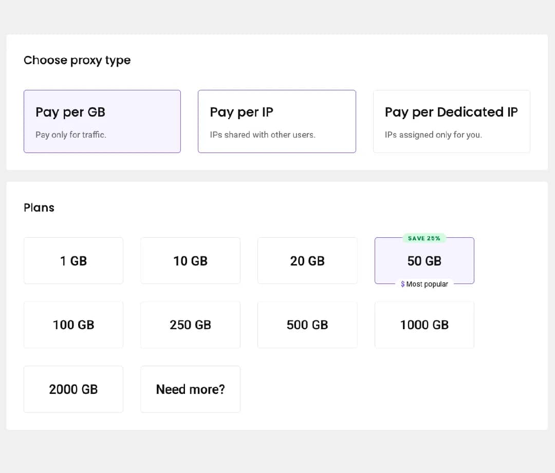 Decodo dashboard window showing a ISP proxy plan selection