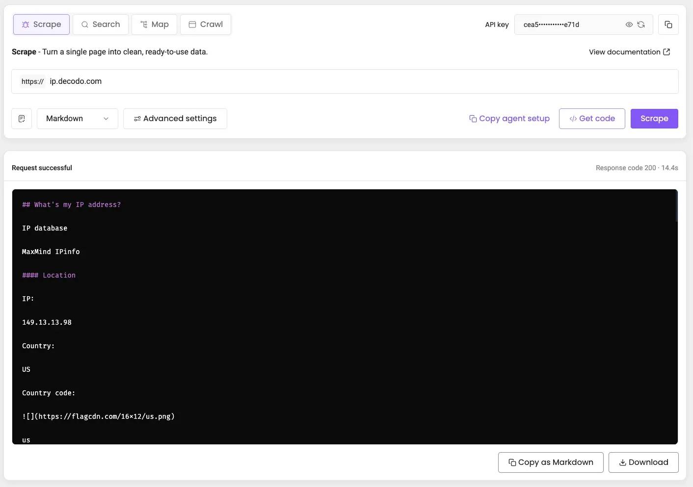 Decodo dashboard Scrape tab with ip.decodo.com entered and Markdown selected as the output format, above a successful response (code 200, 14.4s) showing the page as Markdown.