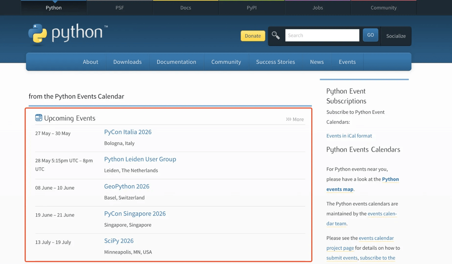 Python events page