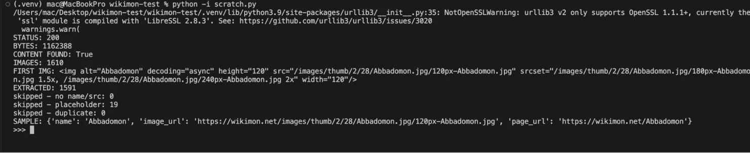 Terminal window with an executed Wikimon scraper script, showing results.