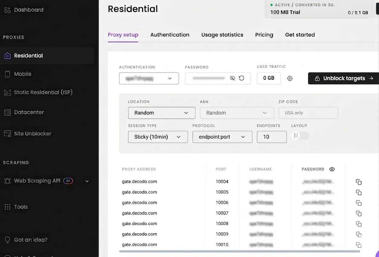 Decodo dashboard's Residential proxies page.