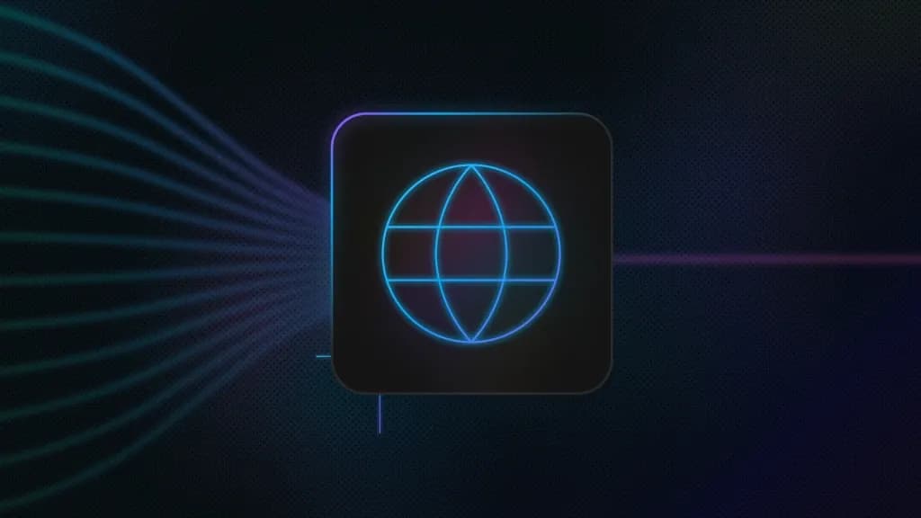 Blue background with lines going from left to right, converging into a single line in the middle. A rounded square with a globe icon is also in the middle.
