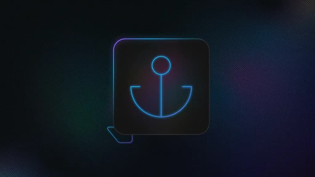Abstract dark blue and purple gradient graphic with glowing neon-outline and an anchor icon