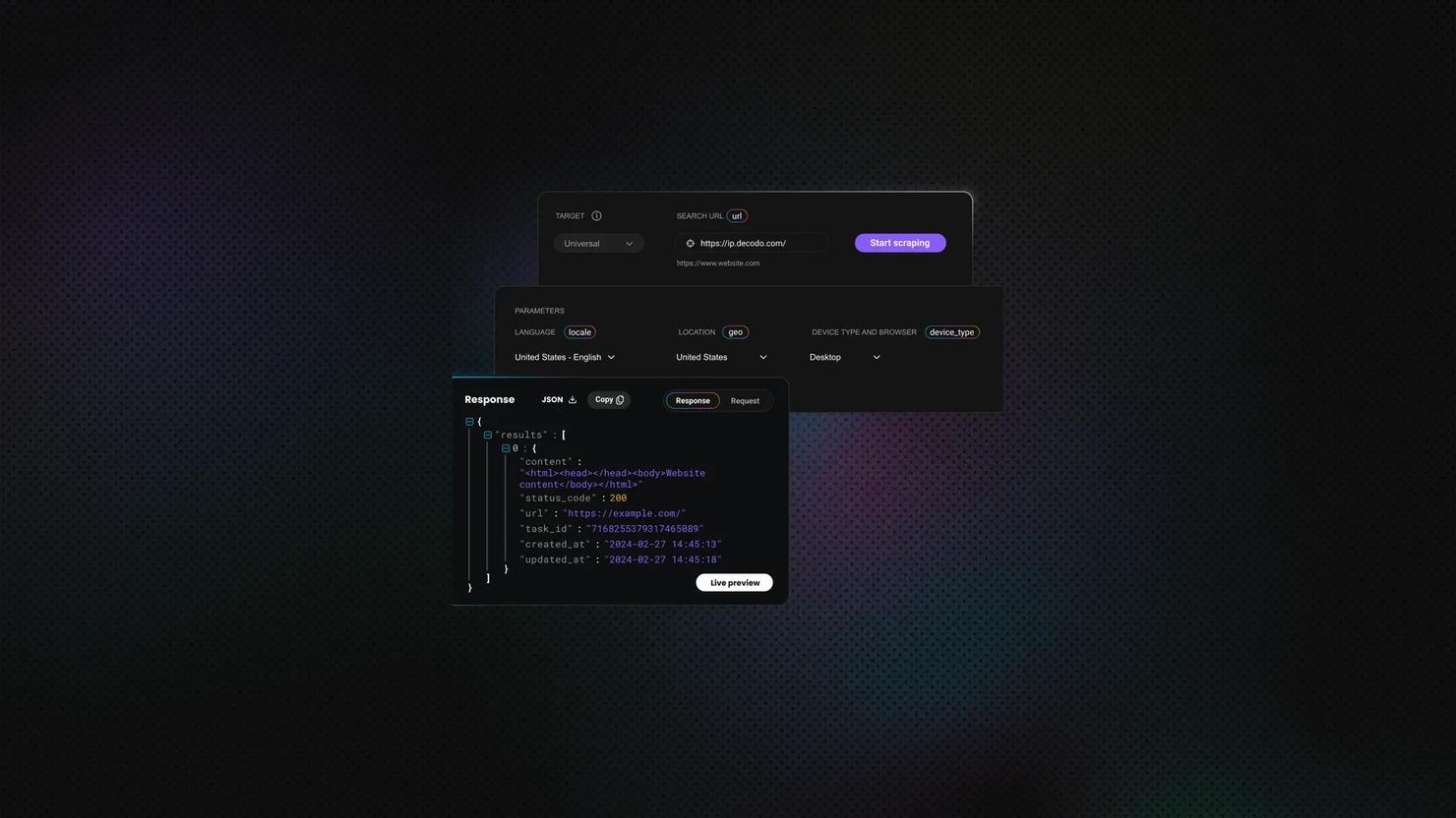 Dark dashboard with three panels: target and search URL, parameters, and JSON response.