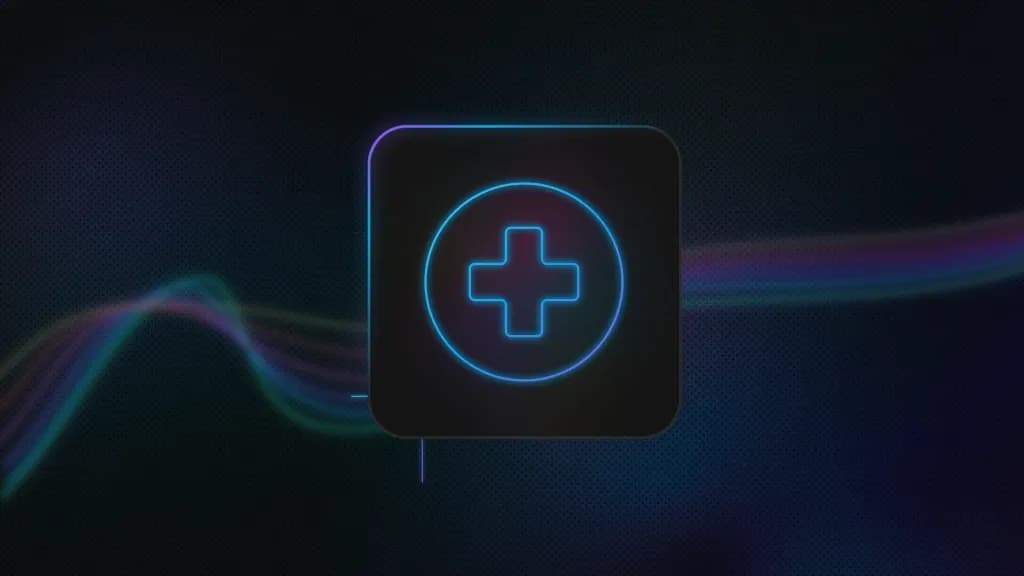 Blue background with lines going from left to right. A rounded square with a plus in a circle icon is in the middle.