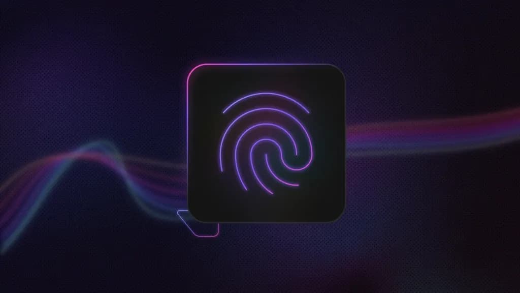 An image of a purple background with colored lines going across, a square with a fingerprint icon in the middle