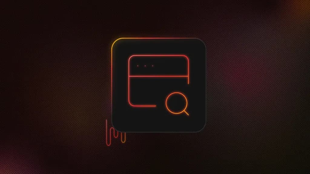 Glowing orange outline icon of a browser window with a magnifying glass, on a dark rounded square
