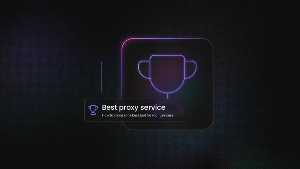 Rounded square icon containing a trophy, with a line extending left from the square to the text "best proxy service".